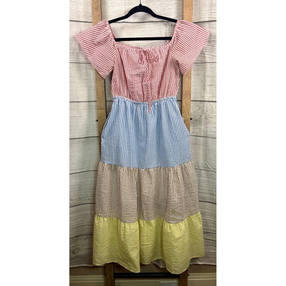 Urban Outfitters Seersucker Color Blocked Midi Dress Cottagecore Size XS - Picture 4 of 13